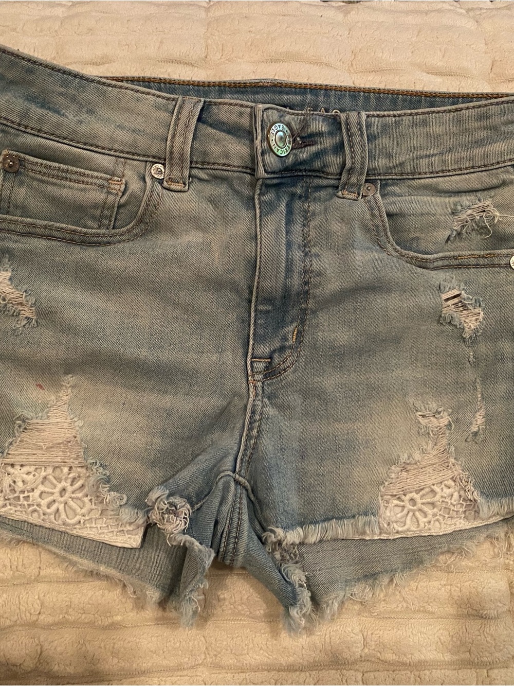 American Eagle Light Blue Distressed Denim Shorts with Lace Inset